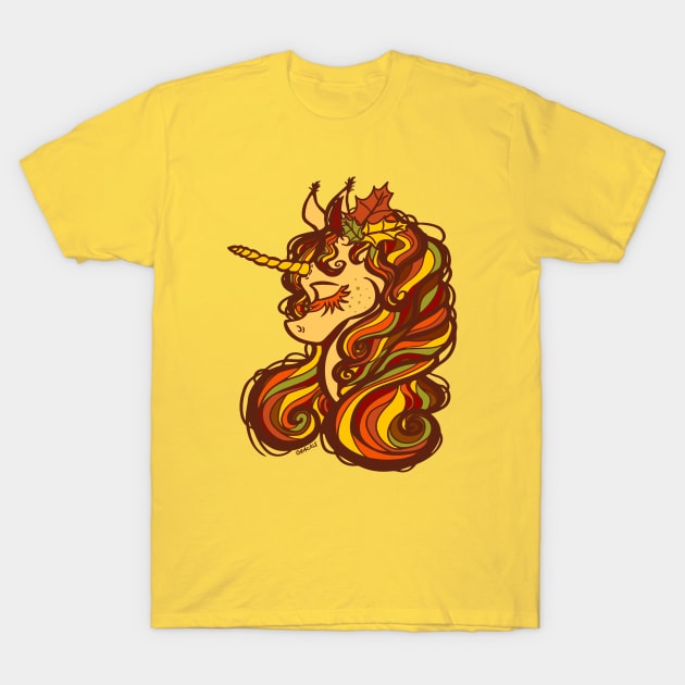 Autumn Leaves Unicorn T-Shirt by Jan Grackle